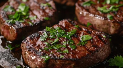 Wall Mural - Grilled beef steak garnished with fresh herbs and parsley showcasing rich textures and flavors on a rustic background