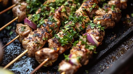 Poster - Grilled Meat Skewers with Garlic and Fresh Herbs on a Barbecue Grill