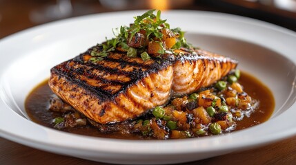 Poster - Grilled Salmon Fillet on White Plate with Colorful Garnish and Vegetables in Rich Sauce against Rustic Wooden Background