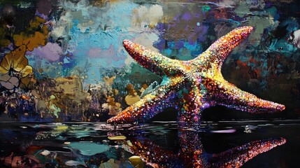 Poster - Colorful starfish with stunning water reflection against an abstract painted background creating an artistic coastal scene.