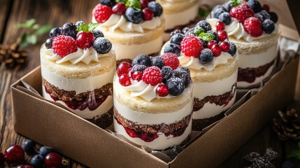 Poster - Delicious trifle cakes with fresh berries elegantly arranged in a gift box on a rustic wooden background