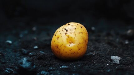 Aufkleber - Isolated potato resting on dark soil with black background highlighting its texture and natural imperfections