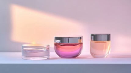 Aufkleber - Luxurious skincare products in elegant glass containers showcasing soft pastel colors on a minimalist white shelf with warm sunlight reflections.