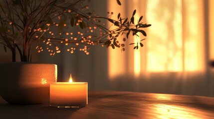 Poster - Tranquil soft candlelight ambiance with realistic flame and warm sunlight creating a serene indoor atmosphere