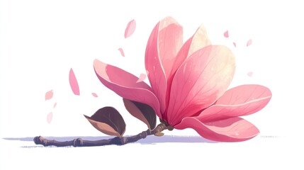 Poster - Pink Magnolia Blossom on White Background with Petals and Leaves in Springtime Nature Concept for Floral Design and Art Illustrations