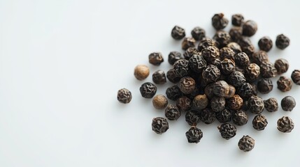 Poster - Black peppercorns arranged on a light background showcasing their natural texture and form for culinary or food-related uses.