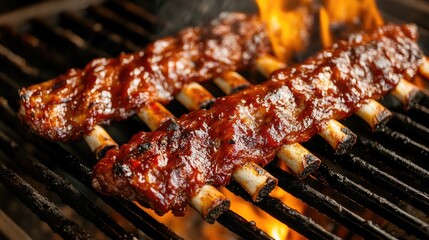 Poster - Juicy BBQ Ribs Grilling Over Flames with Rich Sauce Glazing on a Summer Barbecue Evening