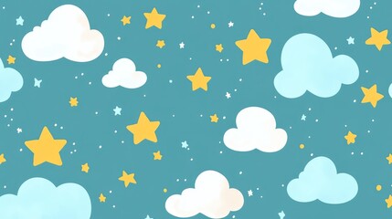 Aufkleber - Starry Sky Background Design Featuring Soft White Clouds on a Turquoise Blue Canvas with Warm Yellow Stars and Subtle Twinkling Effects