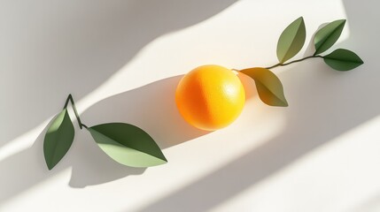 Aufkleber - Single Orange with Green Leaves Casting Soft Shadows on a Light Background