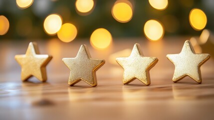 Aufkleber - Golden stars on a wooden table with blurred lights creating a festive ambiance during a seminar or celebration event