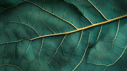 Poster - Detailed Close-up of a Softly Blurred Green Leaf Showing Intricate Veins and Textures in an Abstract Nature Background
