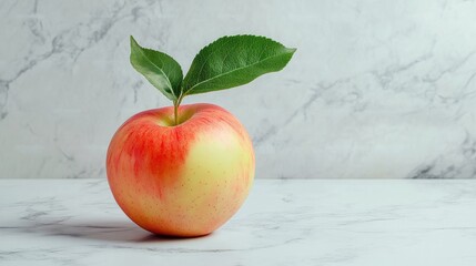 Poster - Fresh Red Apple with Green Leaf on Marble Background Displaying Natural Beauty and Vibrant Color for Healthy Lifestyle Concept