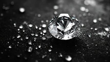 Poster - Diamond on a wet black surface reflecting light with shimmering droplets creating an elegant and luxurious atmosphere