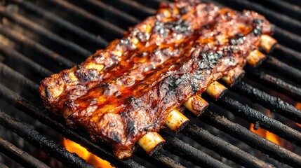 Poster - Grilled Pork Spare Ribs Glaze with Barbecue Sauce on Hot Charcoal Grill