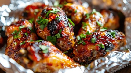 Poster - Succulent grilled chicken wings garnished with fresh herbs served in a shimmering aluminum foil wrap for a delicious presentation