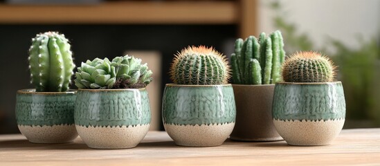Poster - Decorative ceramic pots with various unique cacti ideal for house gardens and stylish indoor decor enhancing natural ambiance.