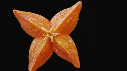 Poster - star fruit on a black background showcasing its unique shape and vibrant orange color highlighting i
