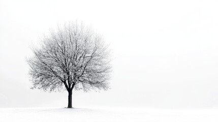 Aufkleber - Solitary winter tree coated in snow against a minimalist white background symbolizing solitude and tranquility in nature