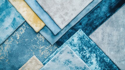 Aufkleber - Lush Sky Blue and Aqua Velvet Fabric Textures in Flat Lay Arrangement with Assorted Patterns and Elegant Colors for Textile Backgrounds and Design Projects