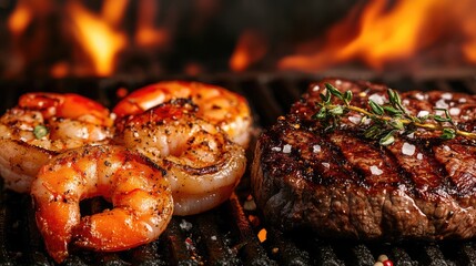 Poster - Grilled Shrimp and Steak with Flames Creating an Intense Culinary Experience on the Grill