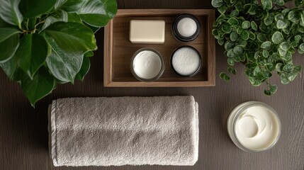 Poster - Moisturizing Facial Care Set with Creams and Towels on Wooden Surface Surrounded by Green Houseplants in Soft Natural Light
