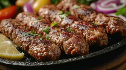 Aufkleber - Grilled Cevapi Balkan Skewers with Fresh Herbs and Vegetables on a Serving Plate