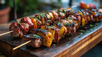 Poster - Grilled meat and vegetable kebabs skewered on wooden board with fresh herbs for a delicious outdoor dining experience