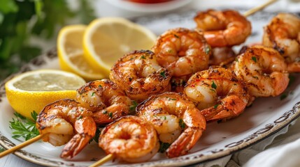 Poster - Grilled shrimp skewers garnished with lemon slices on a decorative platter ready for serving or dining occasions