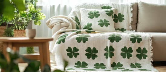 Aufkleber - Cozy chenille four leaf clover blanket for stylish living room decor enhancing comfort and elegance in your home interiors
