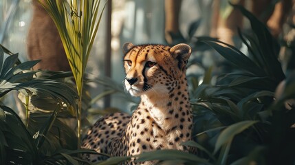 Poster - Wild cheetah resting among lush greenery showcasing its distinctive spots and serene expression in a natural habitat.