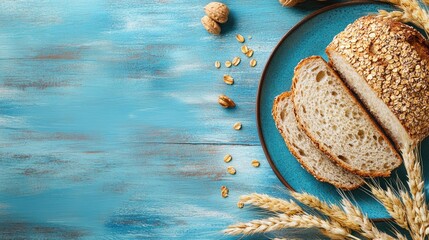 Aufkleber - Sliced soda bread with whole grains on blue plate surrounded by wheat and nuts on rustic wooden background with space for text