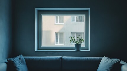 Aufkleber - Lofty style interior featuring a sofa under a box window with natural lighting and a potted plant for a cozy atmosphere.