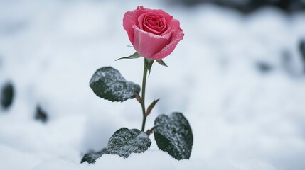 Poster - Isolated single pink rose emerging from snowy ground against a clean white background showcasing resilience and beauty in winter.