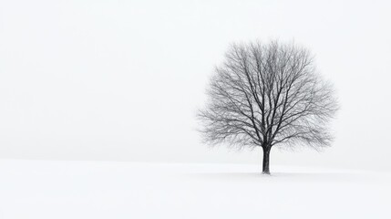 Aufkleber - Solitary Leafless Tree in Snowy Landscape with White Background Ideal for Minimalist and Nature Themes