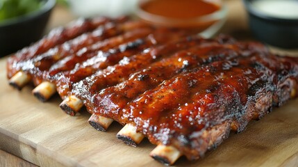 Aufkleber - Deliciously glazed barbecue ribs served with tangy sauce on a wooden platter ready for a summer feast