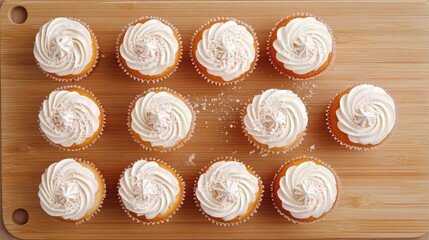 Aufkleber - Twelve delicious cupcakes arranged on a wooden board with creamy frosting and sprinkle details top view for dessert promotion and advertising