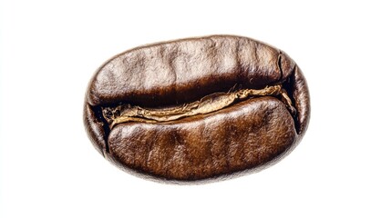Poster - Single roasted coffee bean on white background showcasing texture and color for use in food and beverage design or advertising concepts.