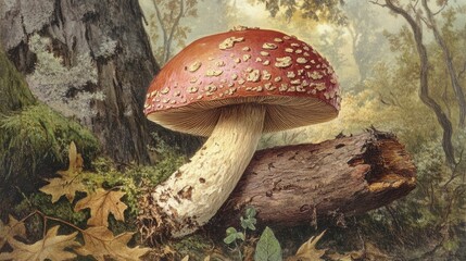 Poster - Bitter bolete mushroom growing in a serene forest environment surrounded by fallen leaves and mossy trees