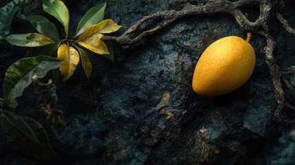 Aufkleber - Golden mango resting on textured dark surface surrounded by green foliage highlighting natural beauty and rich colors of tropical fruit