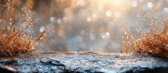 Poster - dew-covered dry grass with blurred sunlight creating a serene outdoor landscape background ideal for