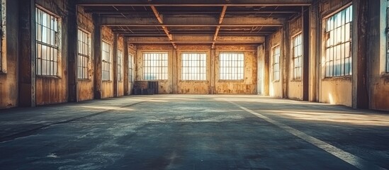 Poster - Vacant industrial interior with exposed beams and natural light perfect for creative projects and modern design concepts