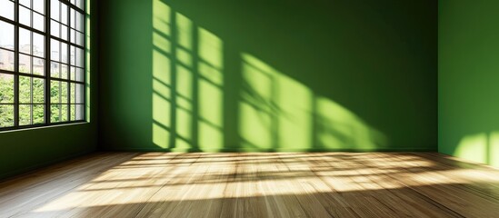 Poster - Spacious empty room with vibrant green walls and warm wooden flooring perfect for interior design inspiration and creative projects