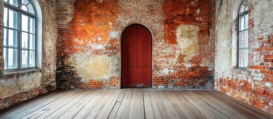 Poster - spacious empty room with textured red brick walls and warm wooden floors perfect for interior design