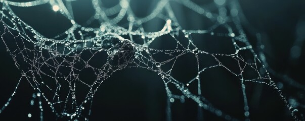 A photorealistic close-up of a spider web glistening with morning dew, each strand reflecting the world.