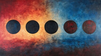 Poster - Stunning Solar Eclipse Abstract Artwork with Gradient Red and Blue Background Featuring Five Dark Circular Silhouettes on Canvas.