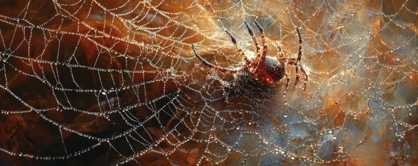 A photorealistic close-up of a spider web glistening with morning dew, each strand reflecting the world, reminding us of the intricate beauty and interconnectedness of nature.