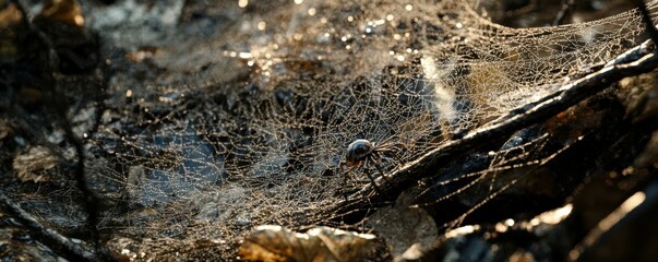 A photorealistic close-up of a spider web glistening with morning dew, each strand reflecting the world, reminding us of the intricate beauty and interconnectedness of nature.