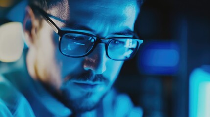 Focused Male Software Developer in Glasses Programming on Computer Screen in a Dimly Lit Modern Office with Blue Tones