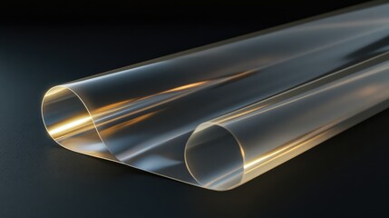 Poster - Transparent Film Rolls with Soft Glowing Edges on Dark Background Highlighting Subtle Reflections and Light Play in Clear Material