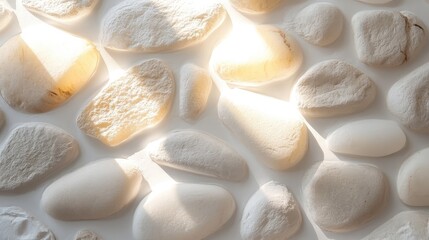 Poster - softly illuminated white river stones on a light background with natural warm highlights capturing t